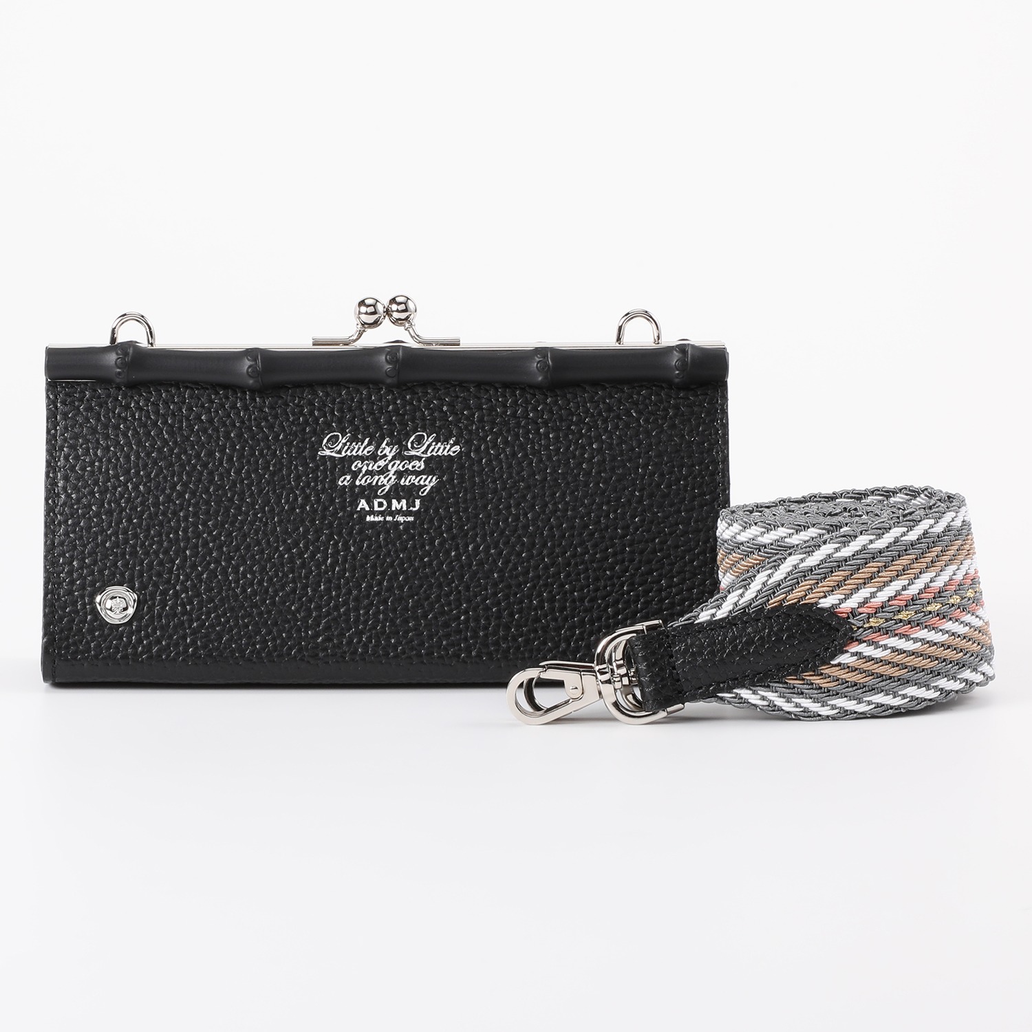 エーディーエムジェイ 牛革 バンブーがま口 ストラップ付マルチポーチ