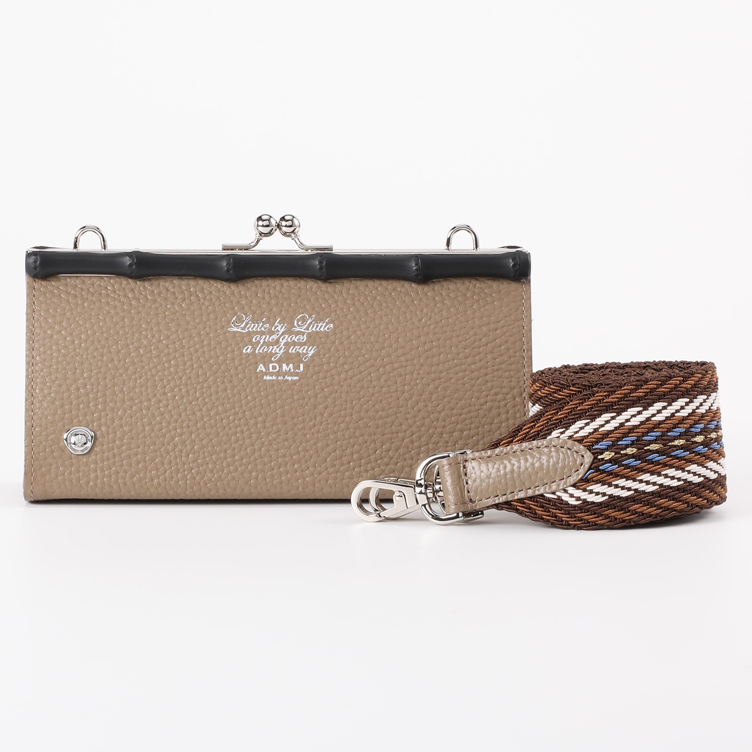 エーディーエムジェイ 牛革 バンブーがま口 ストラップ付マルチポーチ