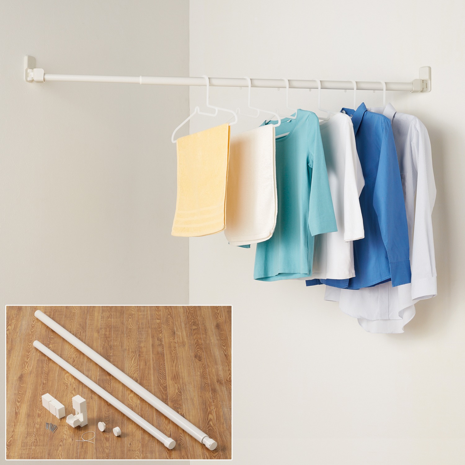 お部屋の角にも設置ＯＫ たっぷり干せる コーナーに渡せる物干し