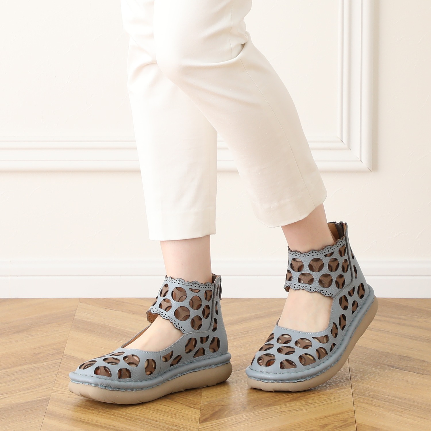 エスタシオン 牛革 レザーカッティング フラットシューズ