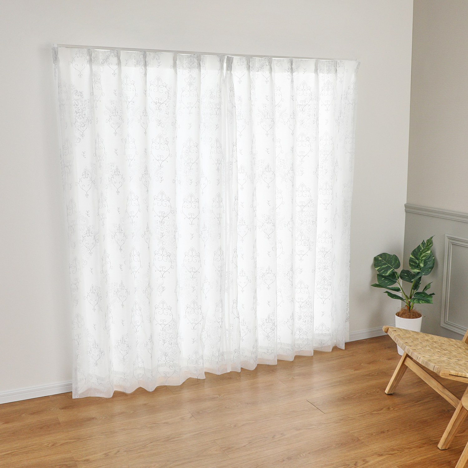 ＜１００×１７６ｃｍ＞ドレッシー ＵＶカット箔プリント生地 ＆刺しゅうオーガンジー 二重レースカーテン２枚組 