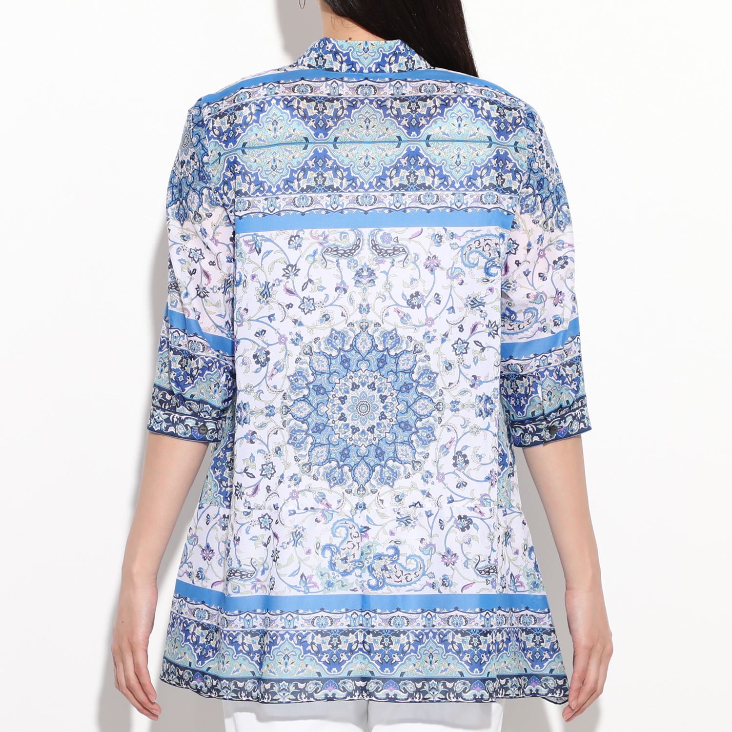 シルクロードクラブ サンガネール柄 脇下がりデザイン シャツカラーブラウス