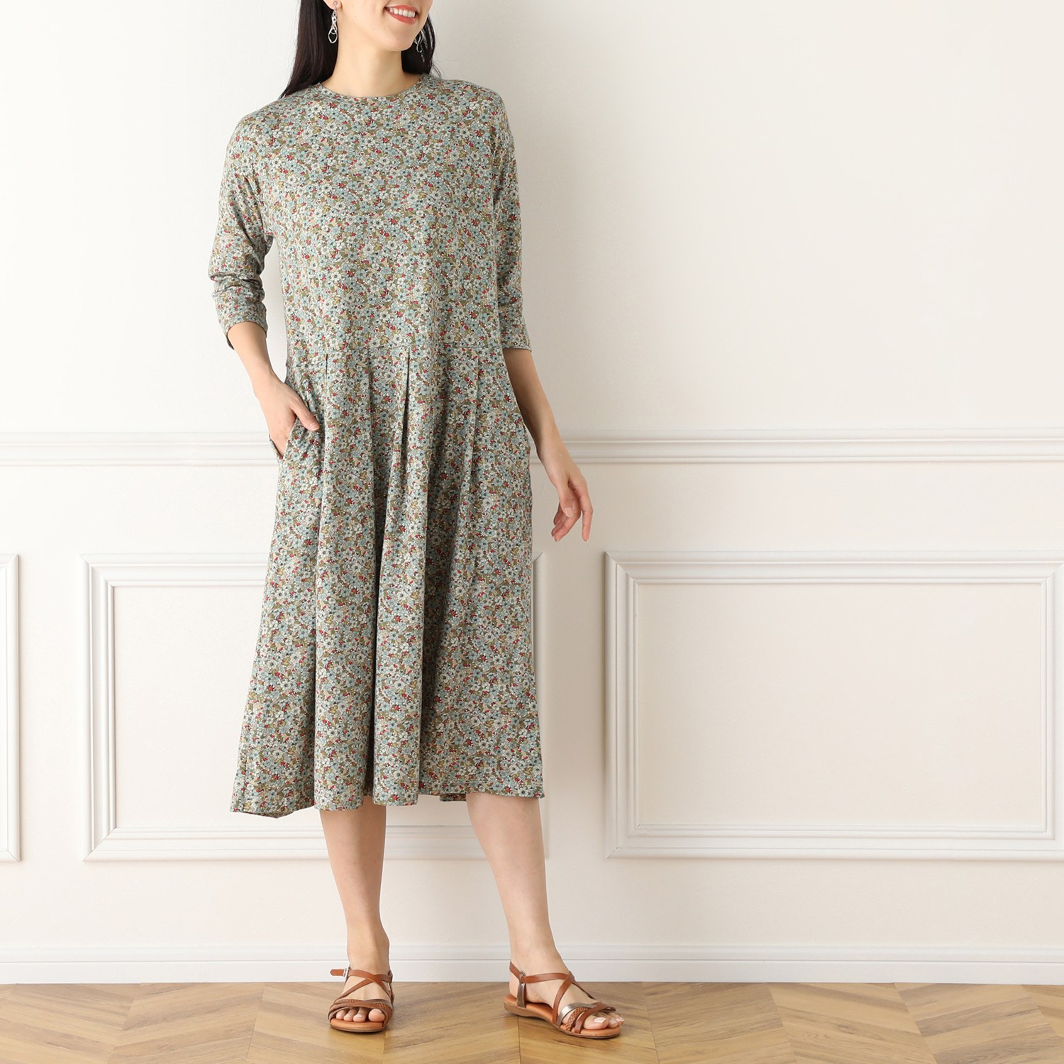 ミリーセヴァルセン 綿混ベア天竺 ウエストタック 小花プリントワンピース