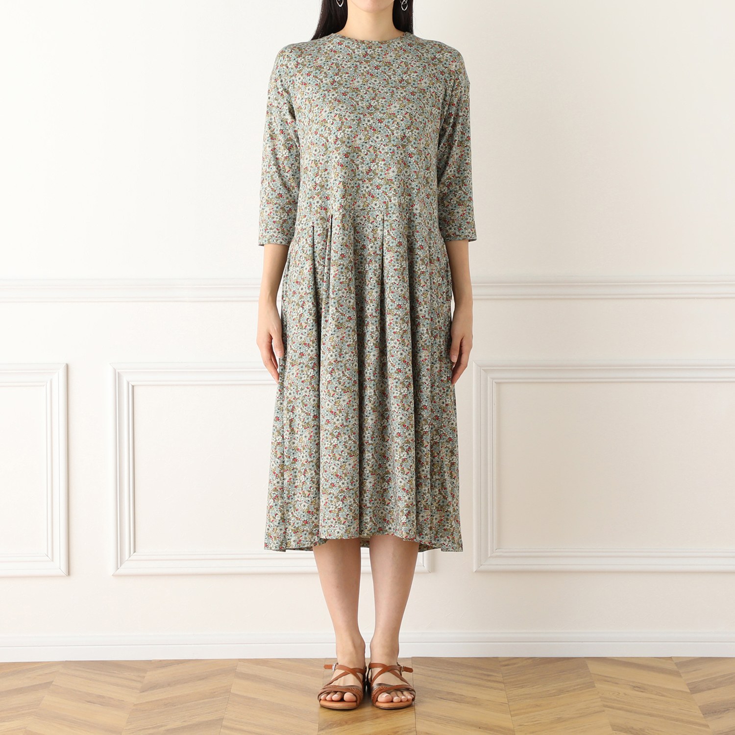 ミリーセヴァルセン 綿混ベア天竺 ウエストタック 小花プリントワンピース