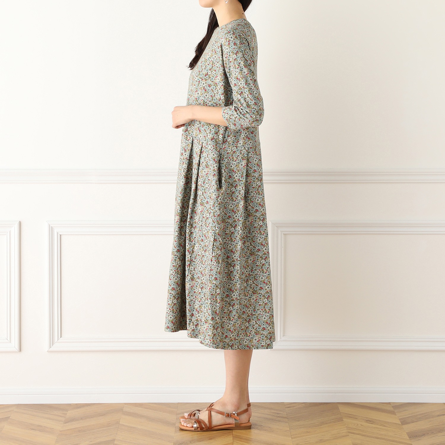 ミリーセヴァルセン 綿混ベア天竺 ウエストタック 小花プリントワンピース