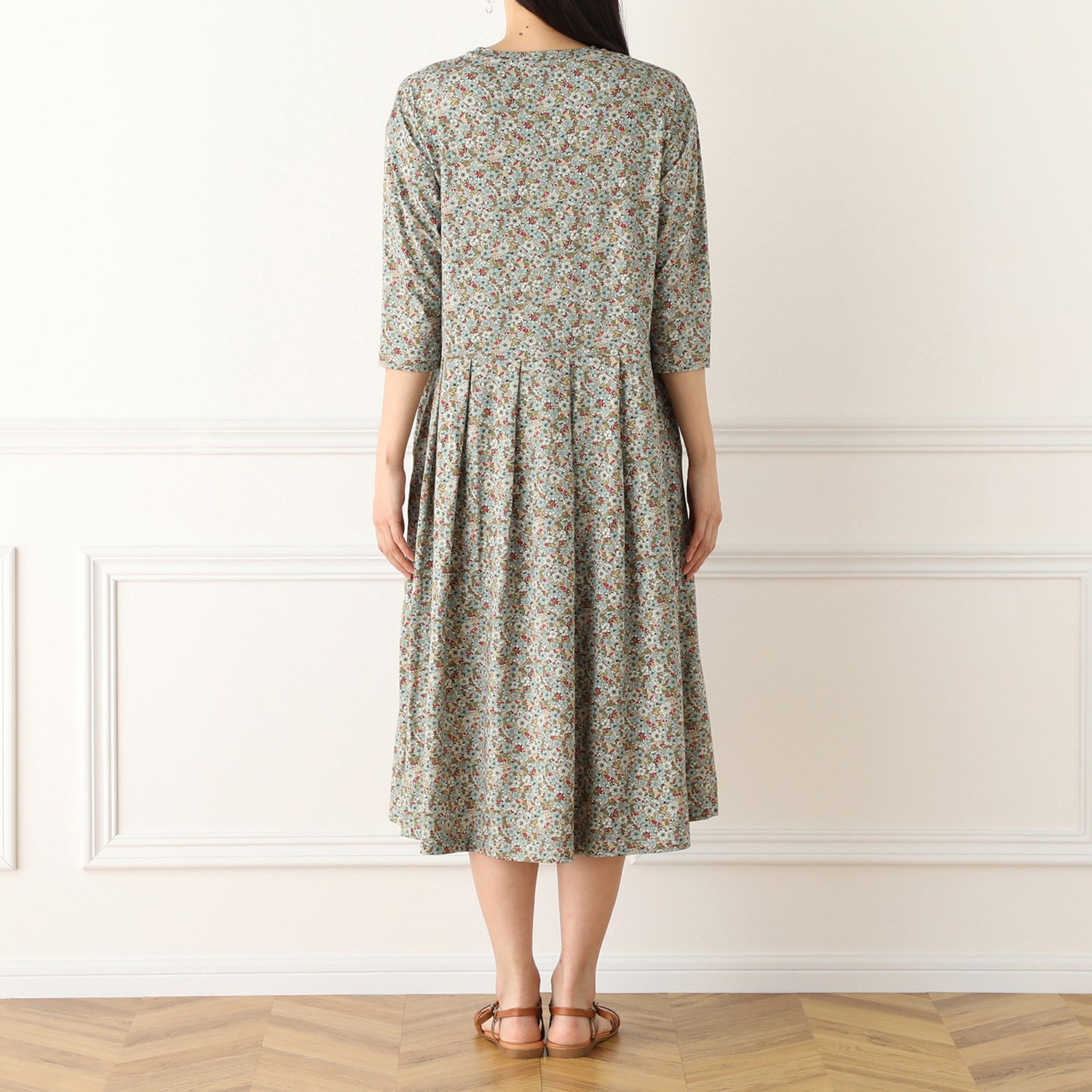 ミリーセヴァルセン 綿混ベア天竺 ウエストタック 小花プリントワンピース