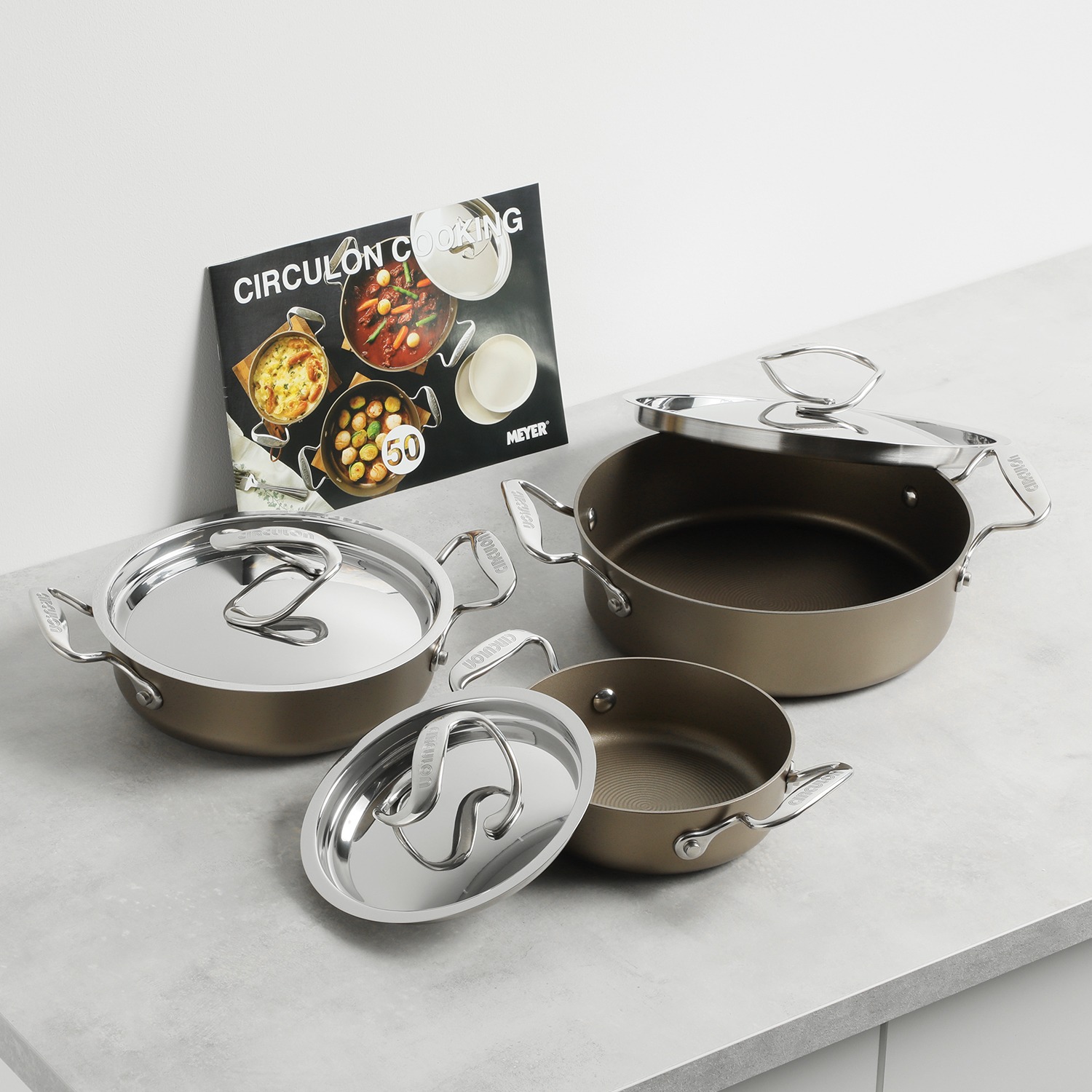 マイヤー サーキュロン 浅型両手鍋 ３ピースセット ＜復刻シャンパンカラー＞