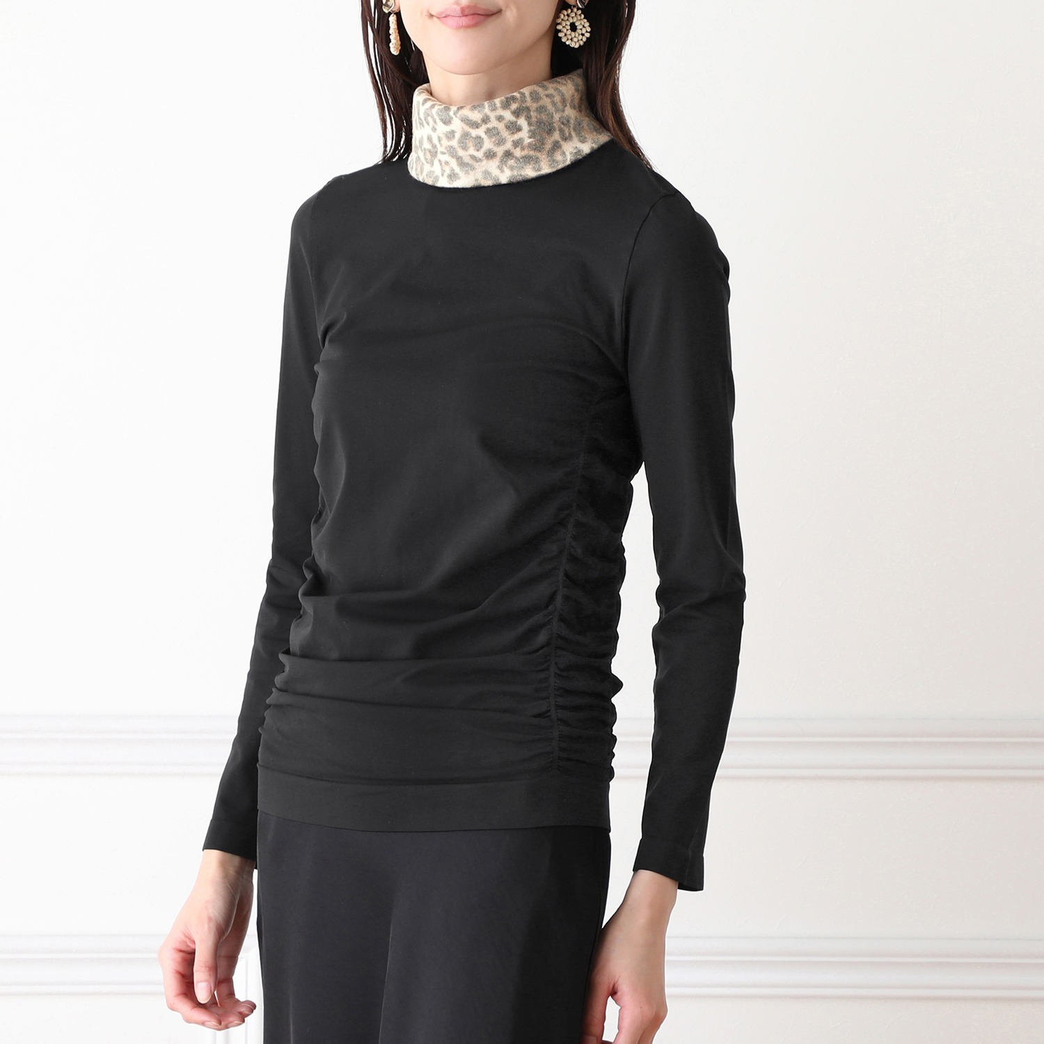 ドルチェ　ドンナ サイドギャザー レオパードタートルネック ロングスリーブ