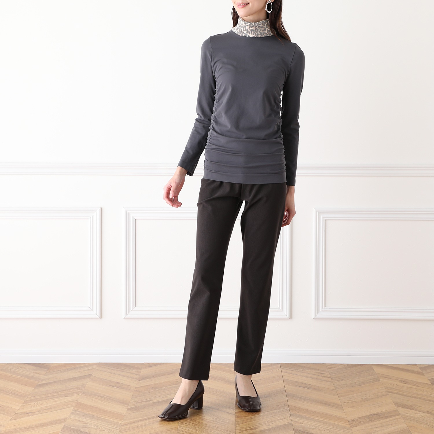 ドルチェ　ドンナ サイドギャザー レオパードタートルネック ロングスリーブ