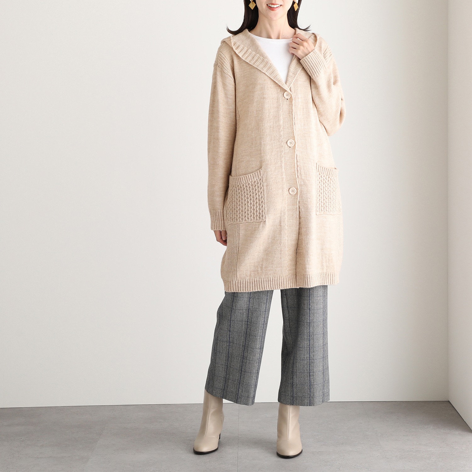 ダジュール フード付 ニットロングカーディガン