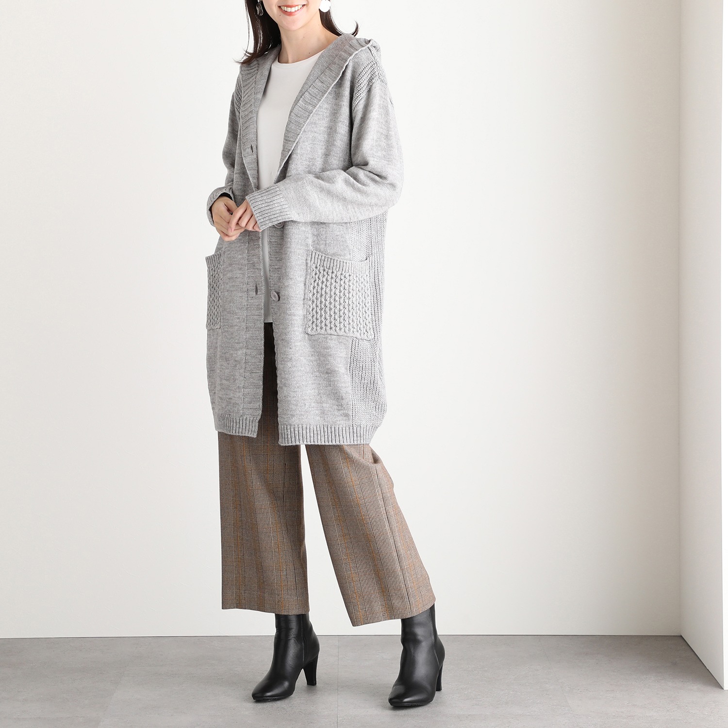 ダジュール フード付 ニットロングカーディガン