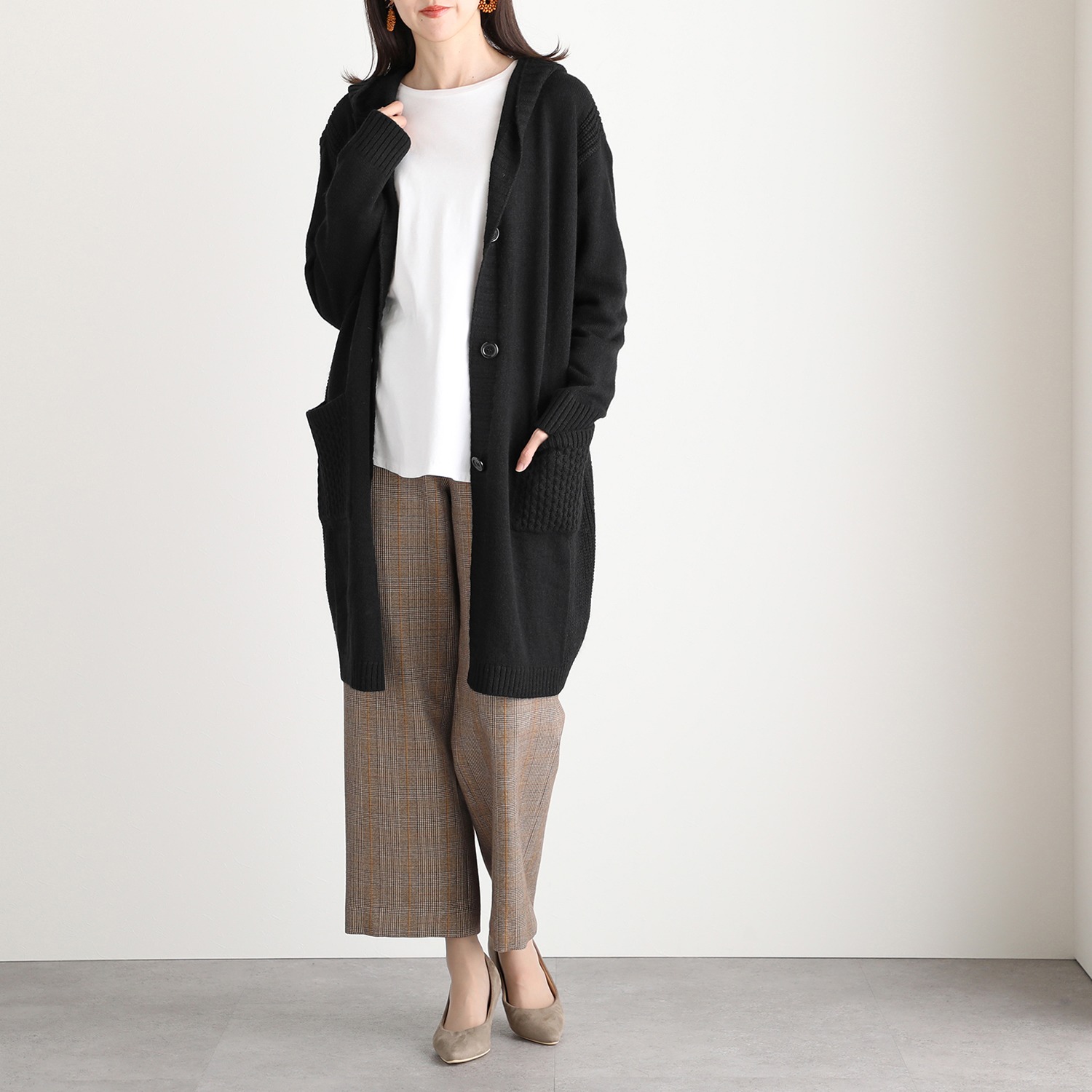 ダジュール フード付 ニットロングカーディガン