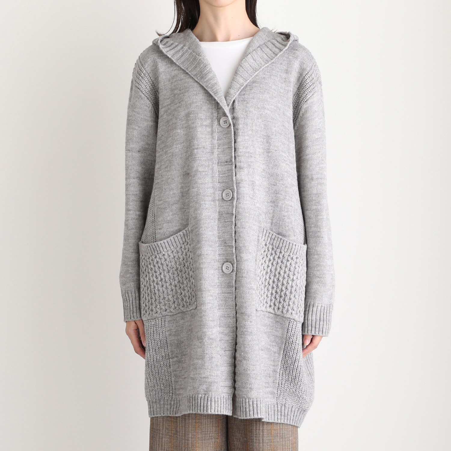 ダジュール フード付 ニットロングカーディガン