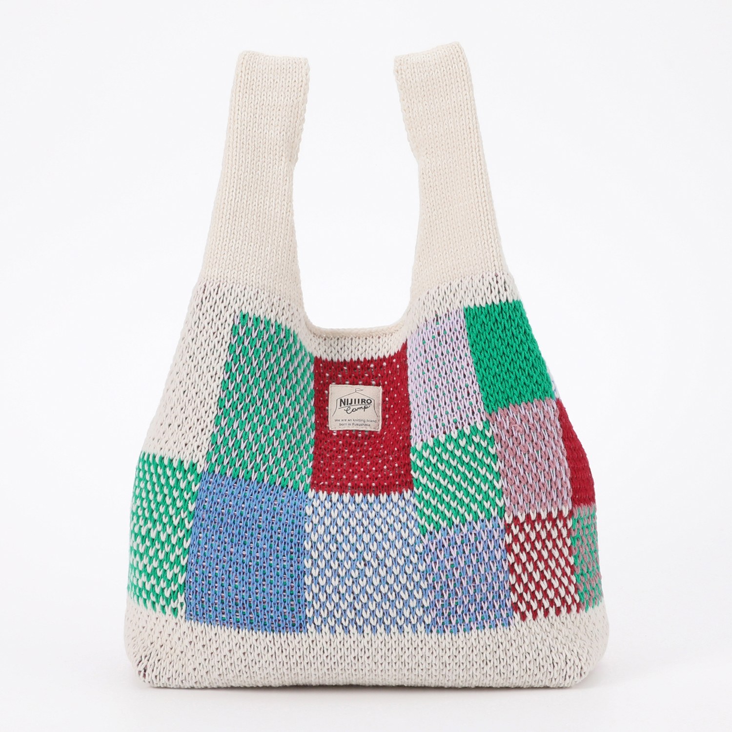 ニジイロキャンプ 日本製 ジャガード編 柄切替デザイン ローゲージニットバッグ