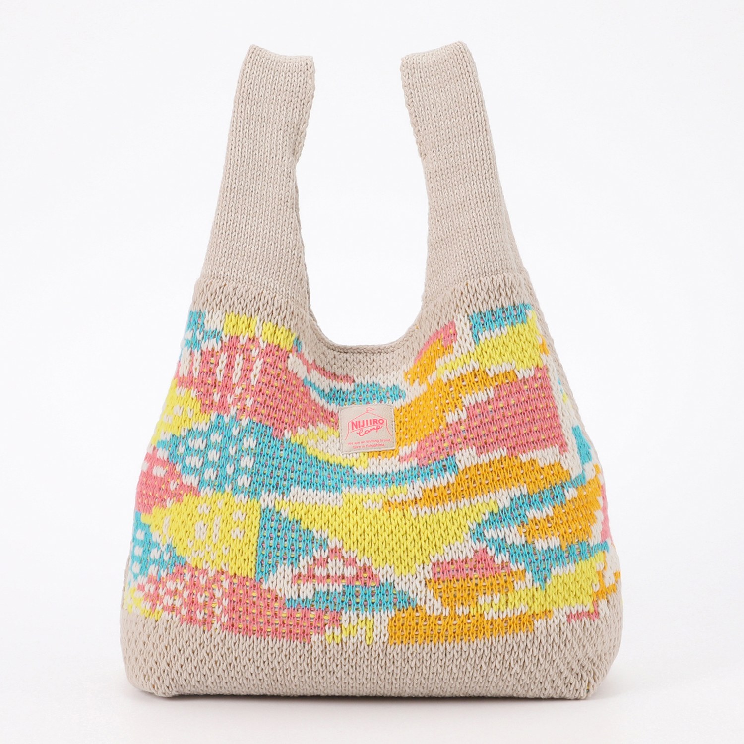 ニジイロキャンプ 日本製 ジャガード編 柄切替デザイン ローゲージニットバッグ