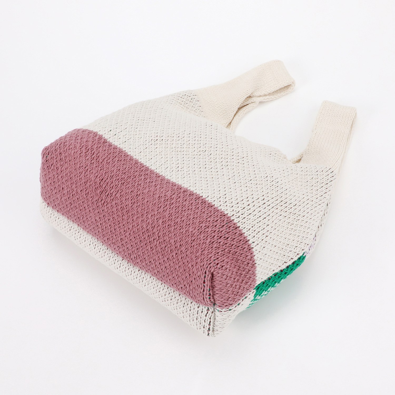 ニジイロキャンプ 日本製 ジャガード編 柄切替デザイン ローゲージニットバッグ