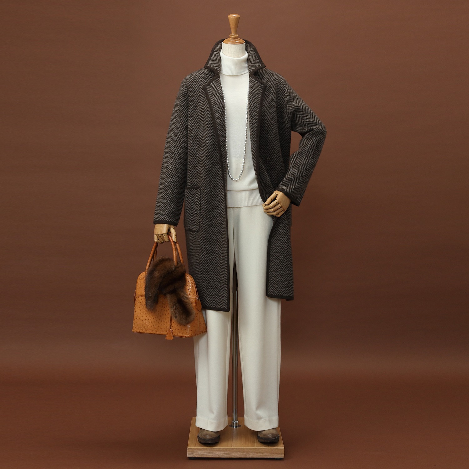 ネイチャーズ 無染色ヤク ヘリンボーン柄 ジャガードコート