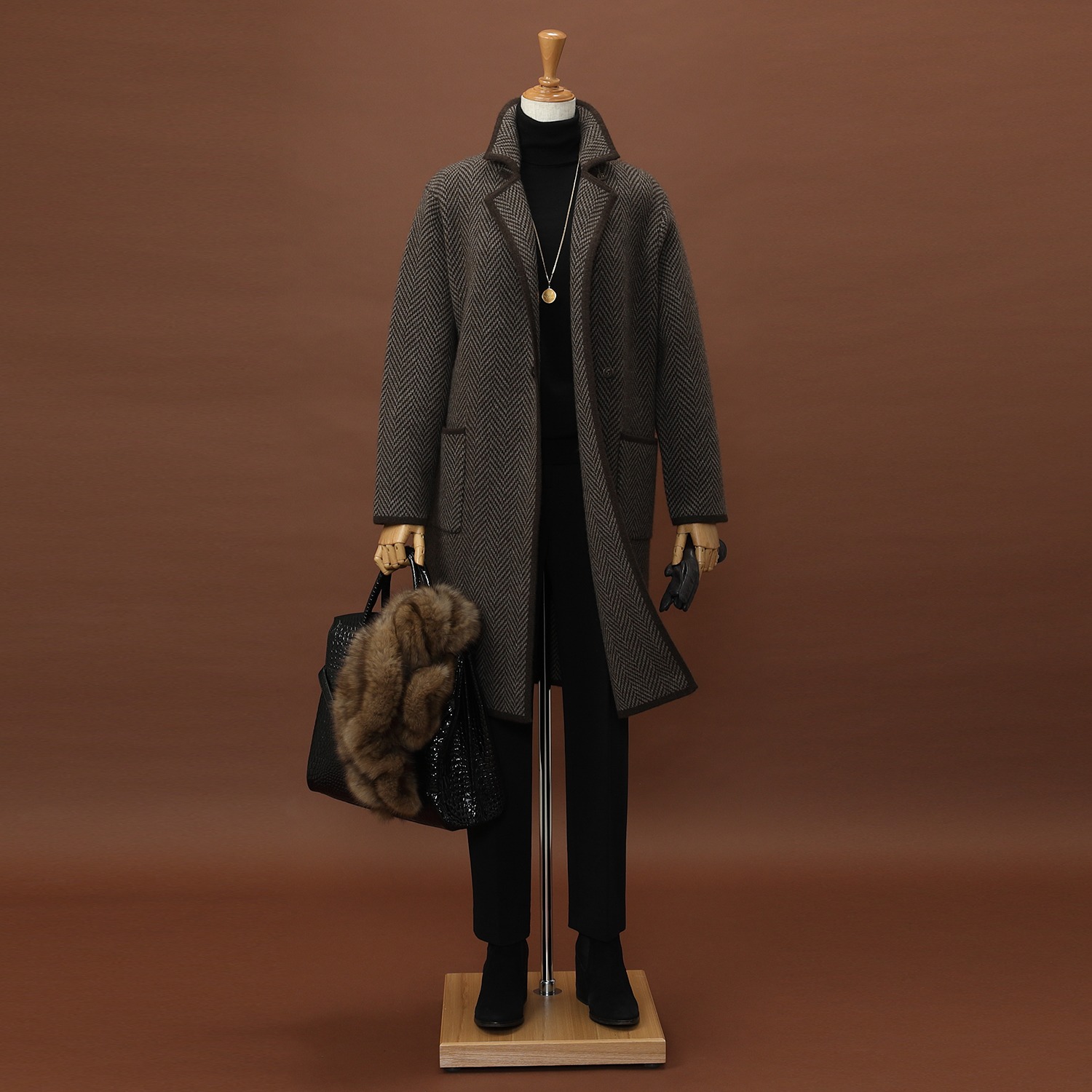 ネイチャーズ 無染色ヤク ヘリンボーン柄 ジャガードコート