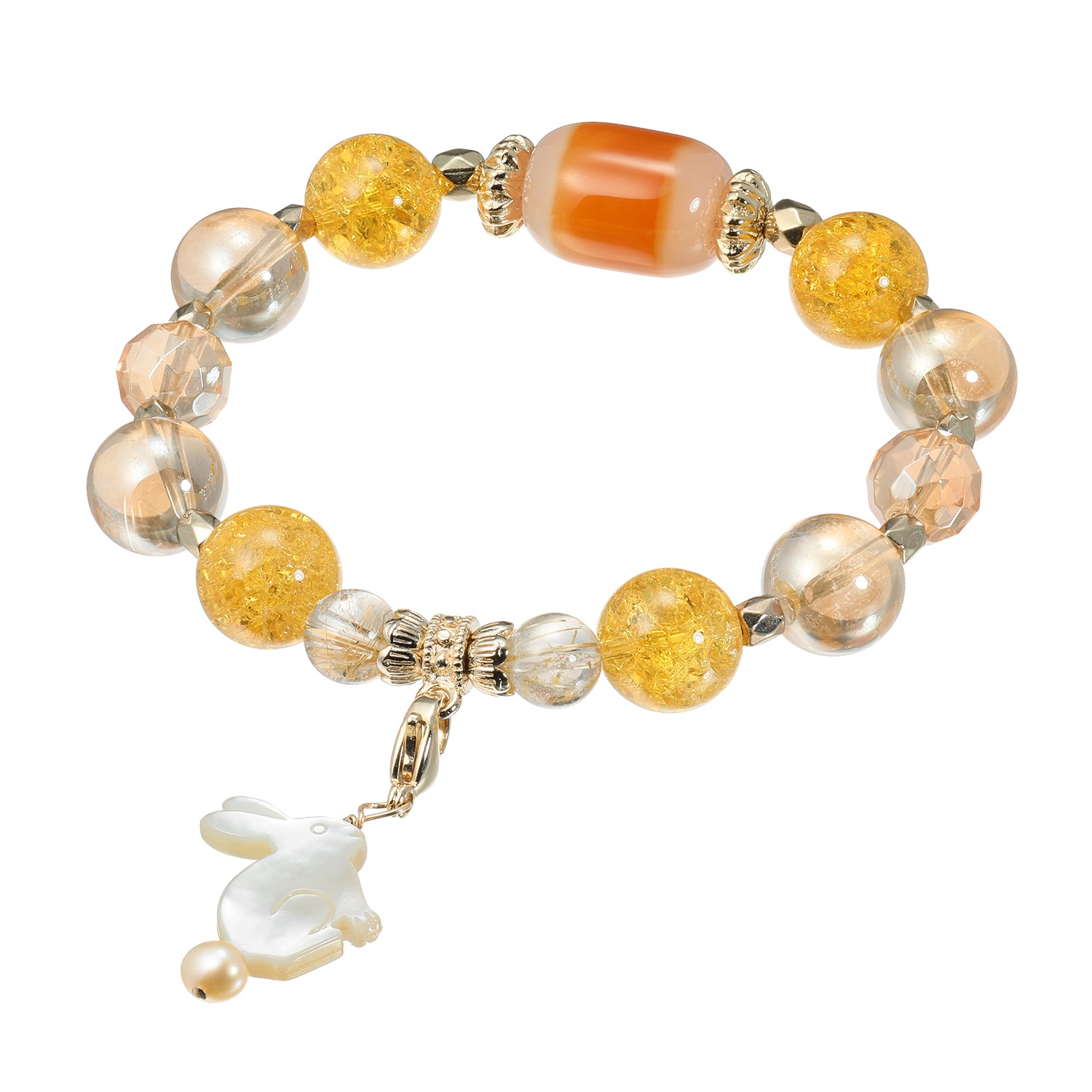 マイクローバー ルチルクォーツ＆クォーツ＆淡水パール チャーム付 イラスティック ブレスレット 〜金財運・富・長寿〜