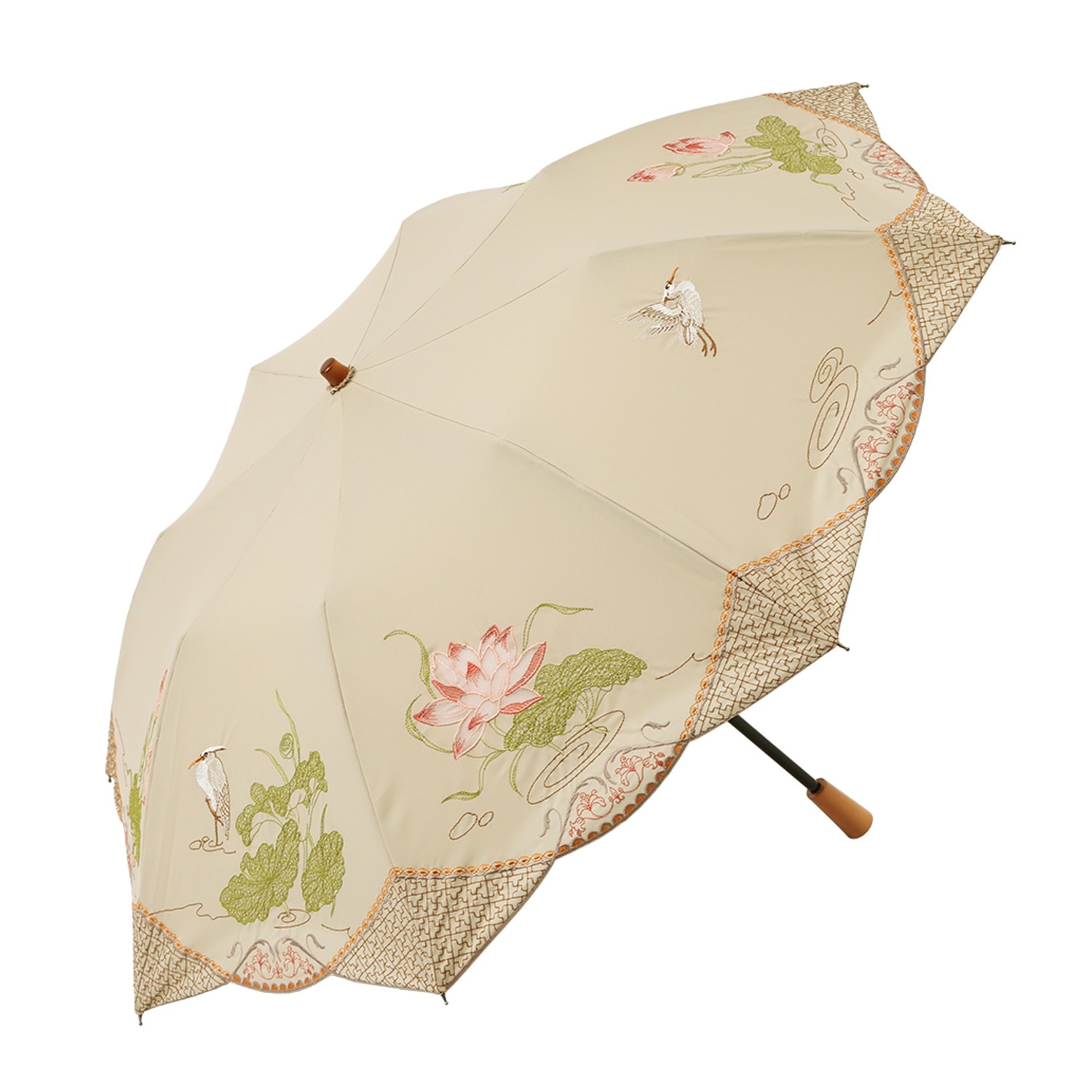 シノワズリーモダン  女優日傘プレミアム 蓮花刺しゅう かわず張り ショート折りたたみ日傘