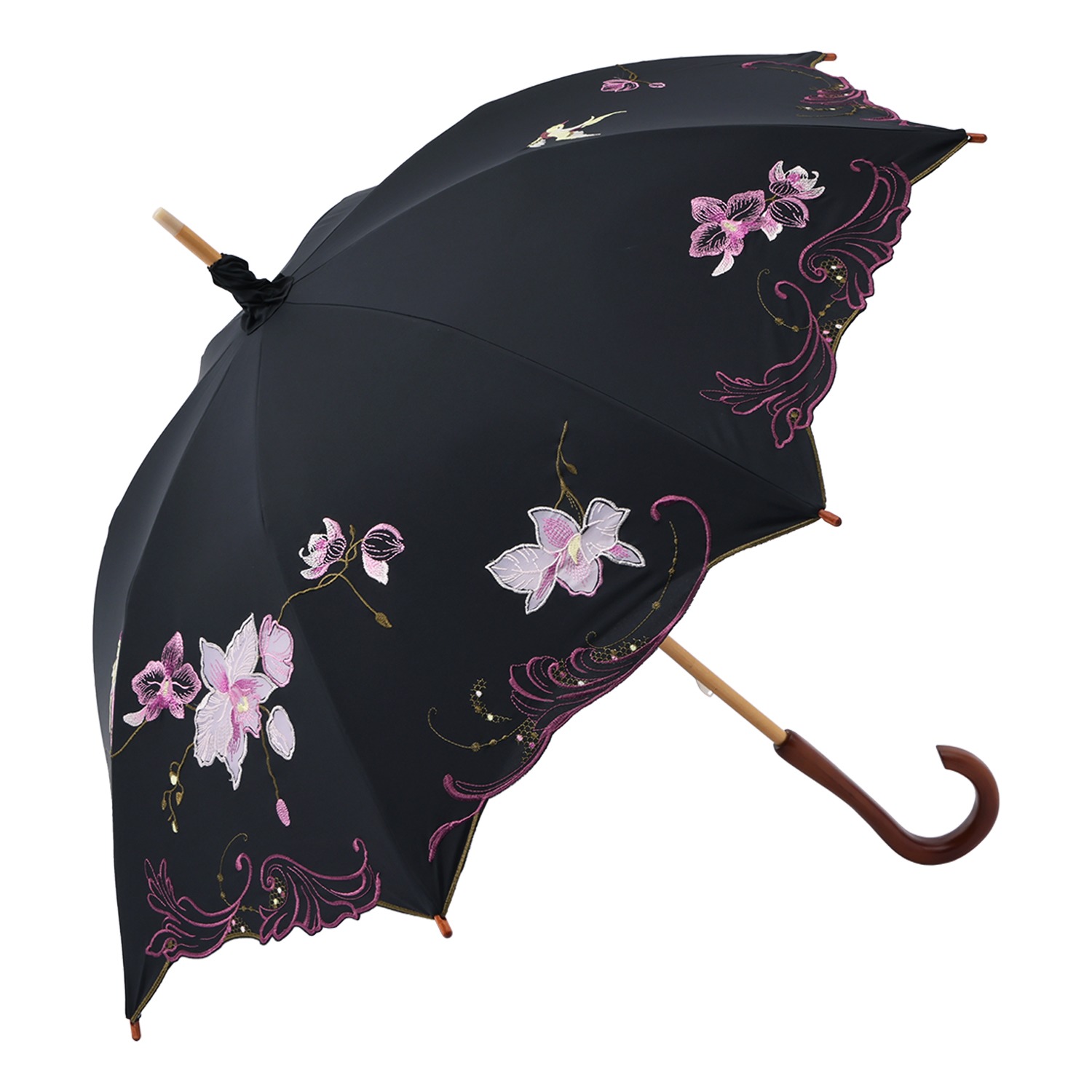 シノワズリーモダン 女優日傘プレミアム 蘭花刺しゅう かわず張り 長日傘