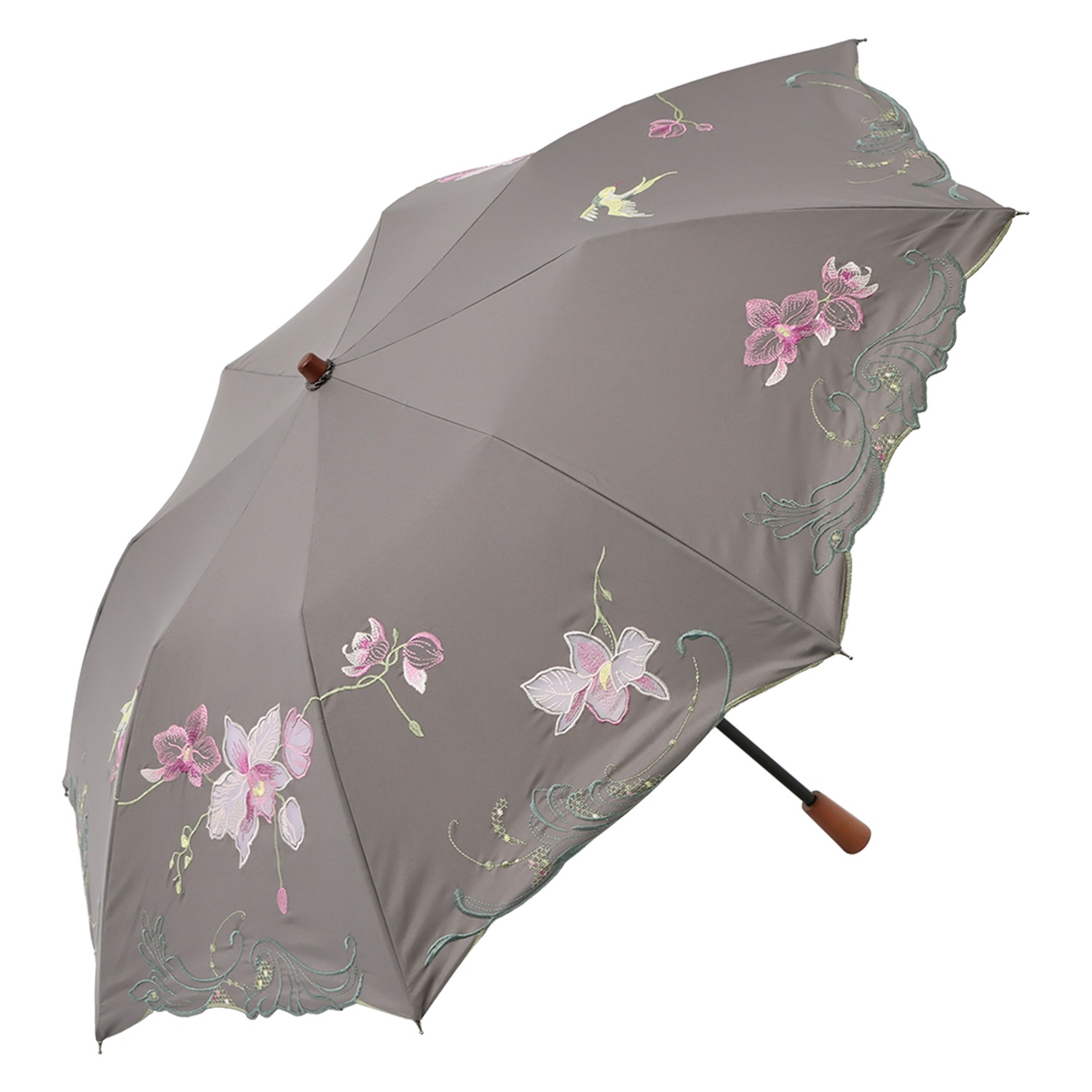 シノワズリーモダン 女優日傘プレミアム 蘭花刺しゅう かわず張り ショート折りたたみ日傘