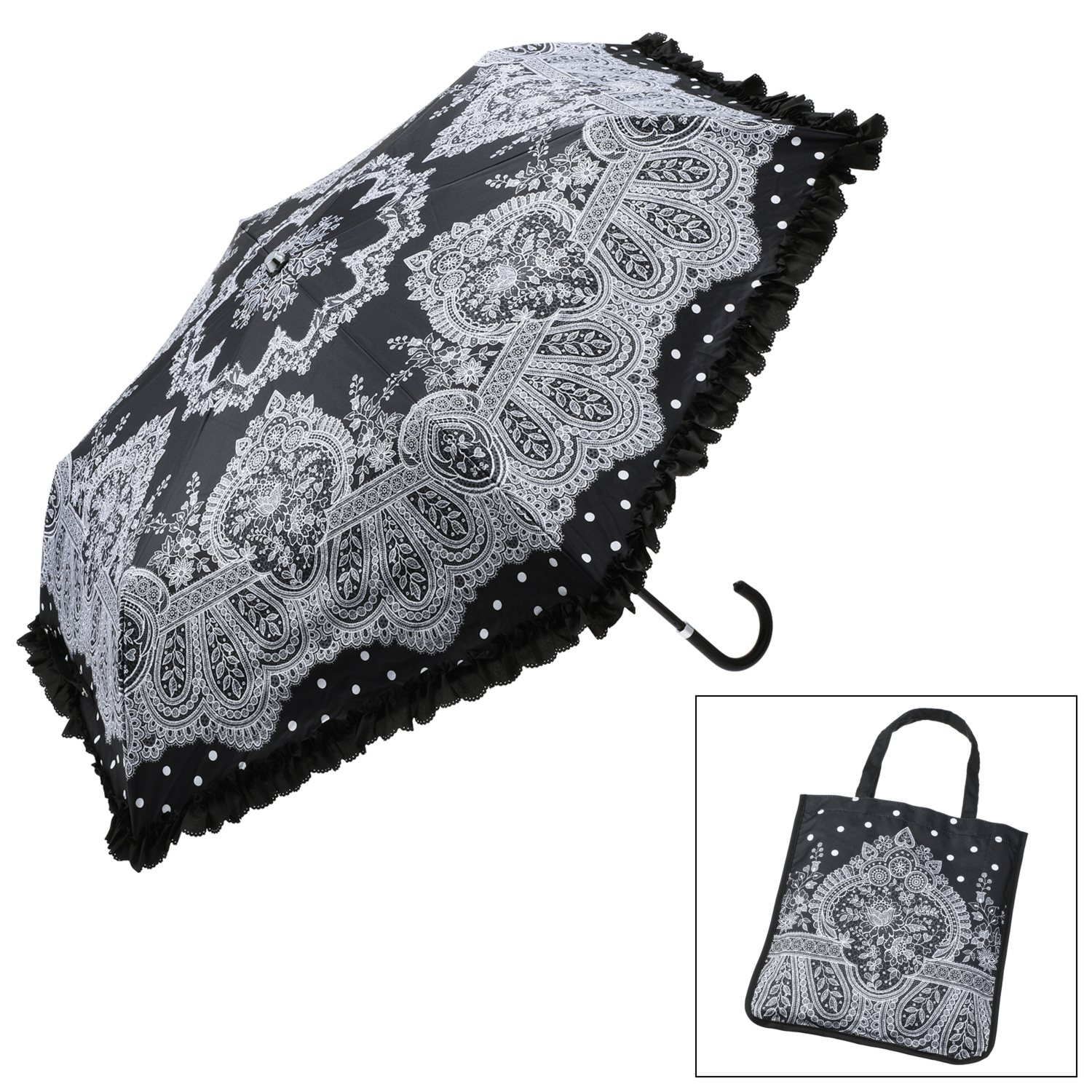 ジュエルレース バイ　ブルーミング 収納バッグ付 簡単開閉 ＵＶカット・遮光・遮熱 晴雨兼用折りたたみ日傘