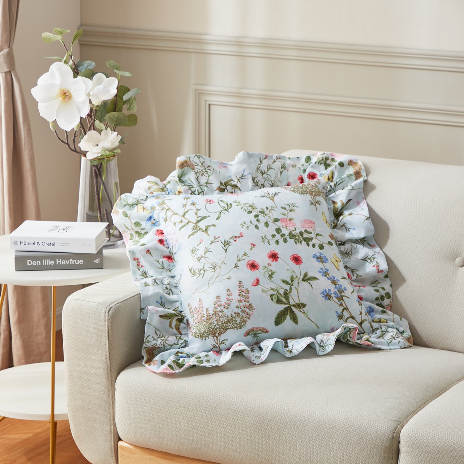 大津毛織 フレンチリネン ボタニカルプリント フリル付きクッション