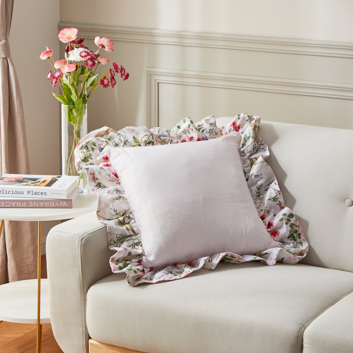 大津毛織 フレンチリネン ボタニカルプリント フリル付きクッション