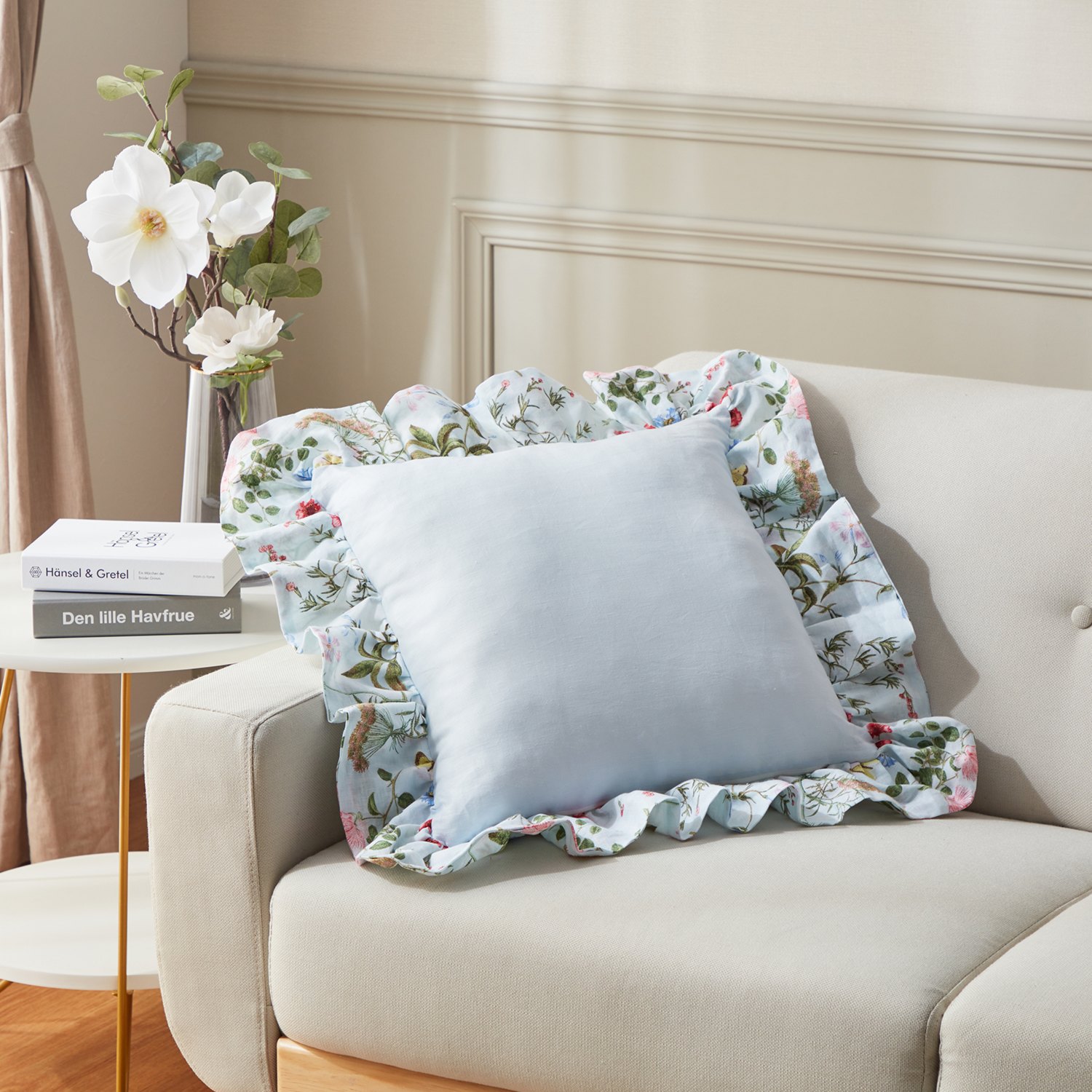 大津毛織 フレンチリネン ボタニカルプリント フリル付きクッション