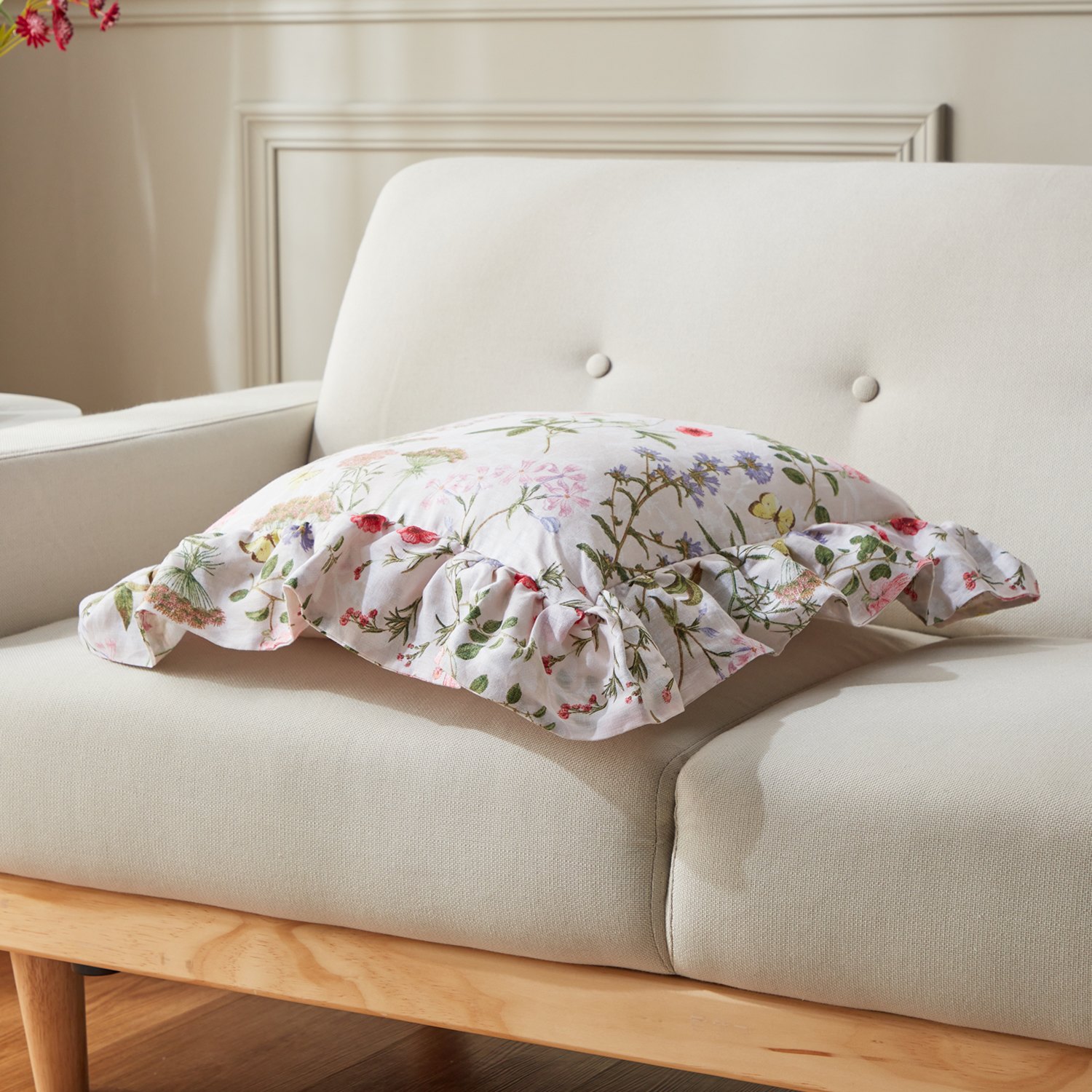 大津毛織 フレンチリネン ボタニカルプリント フリル付きクッション