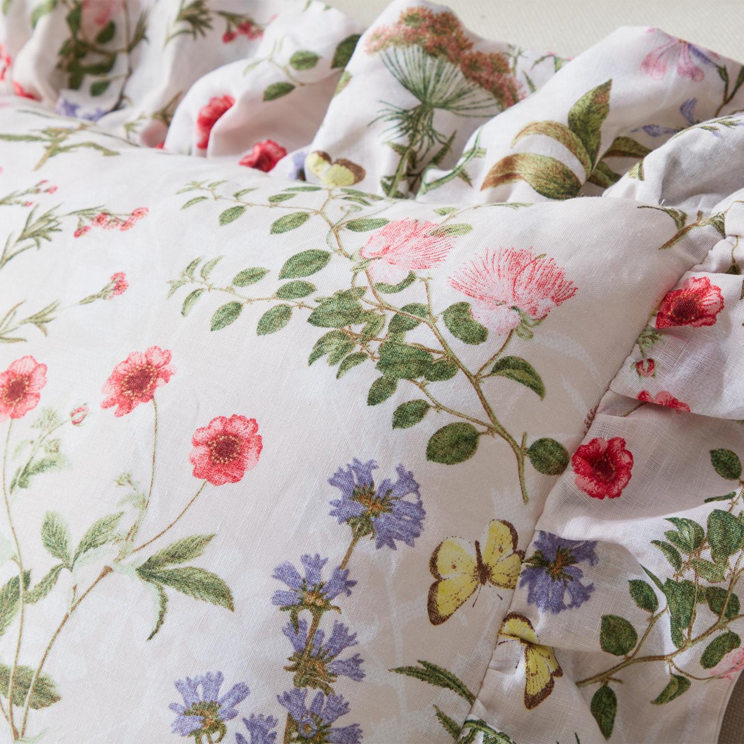 大津毛織 フレンチリネン ボタニカルプリント フリル付きクッション