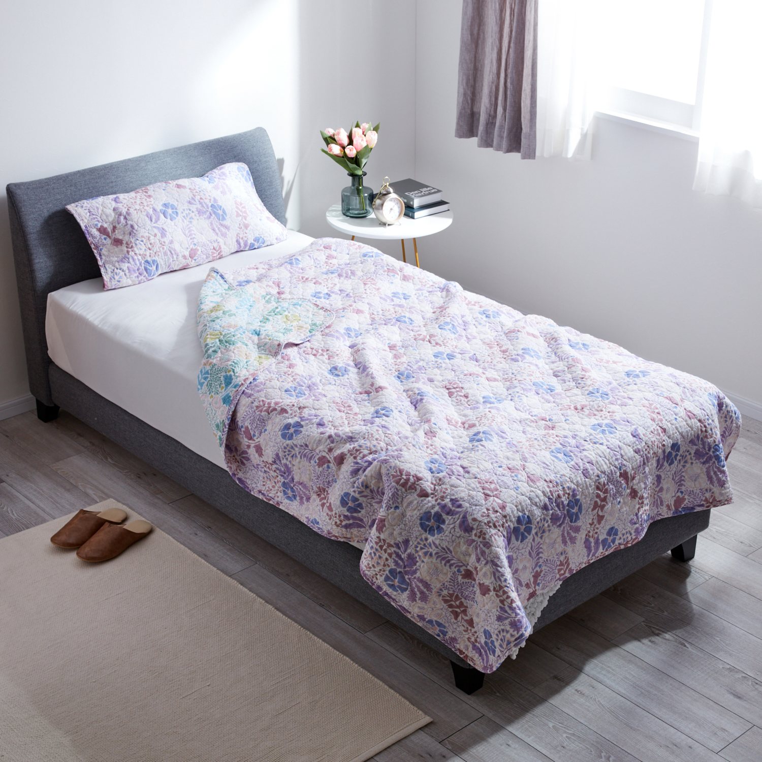 ＜ダブル＞西川 オールコットン 抗菌　リバーシブル やわらか水洗い キルトケット 