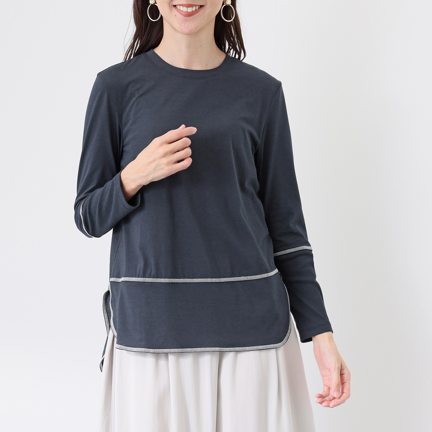 アンリック　オー　ブルー ヌーディ天竺 ステッチアクセント シャツテールプルオーバー