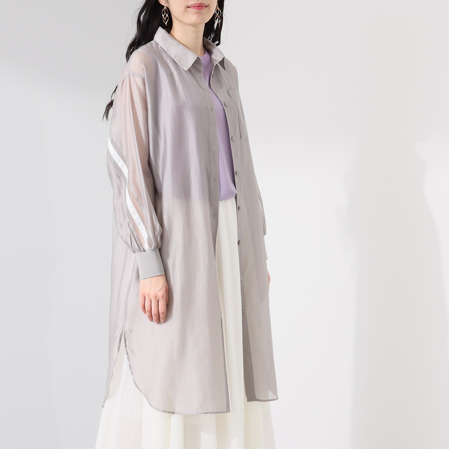 エムズ　スタイル シアービンテージ加工 ラインアクセント ロングシャツ