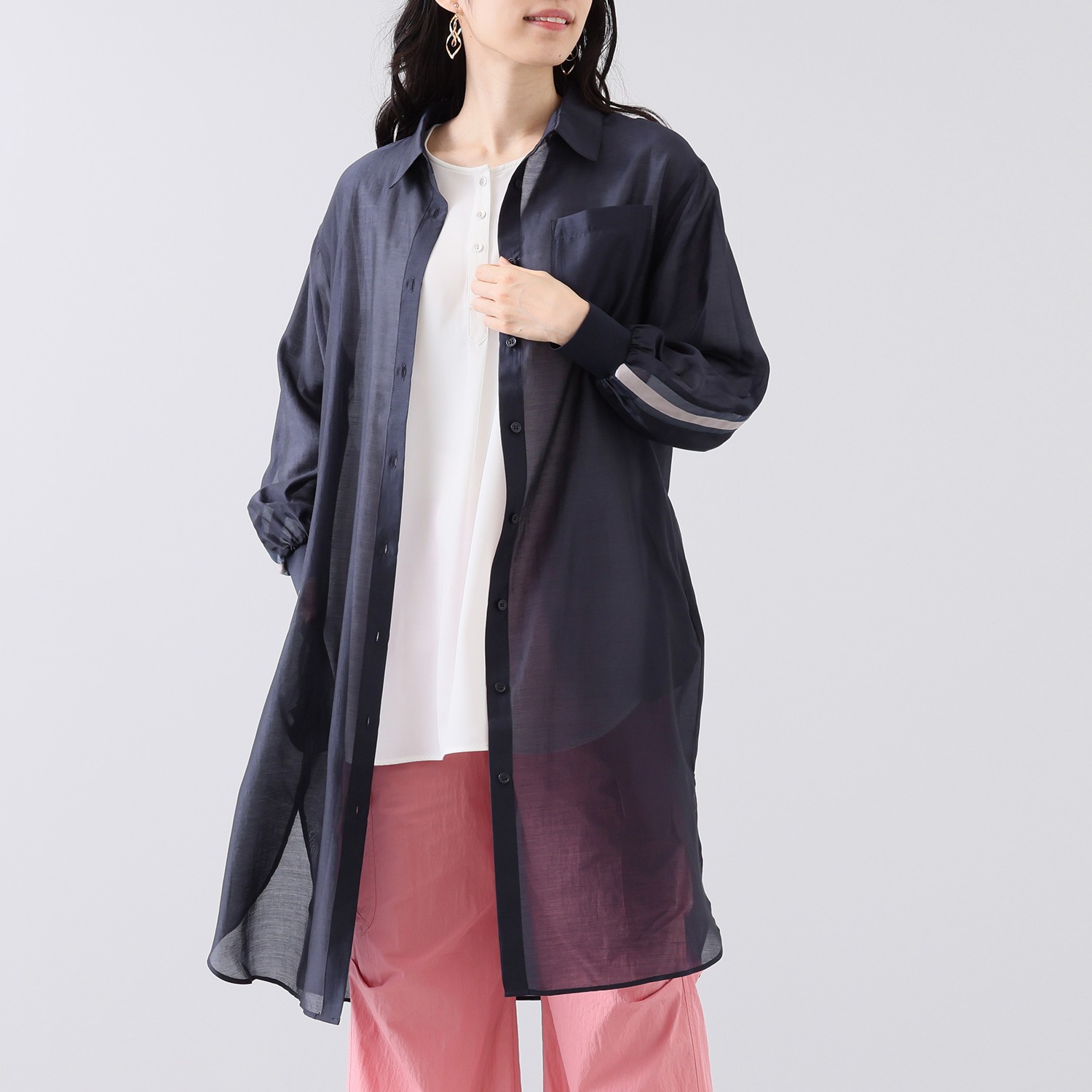 エムズ　スタイル シアービンテージ加工 ラインアクセント ロングシャツ