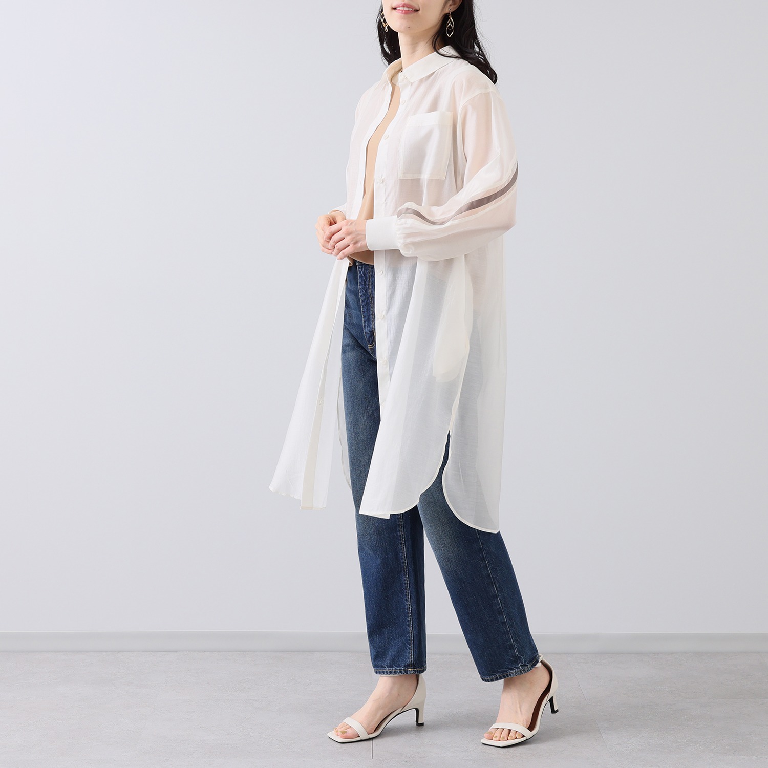 エムズ　スタイル シアービンテージ加工 ラインアクセント ロングシャツ