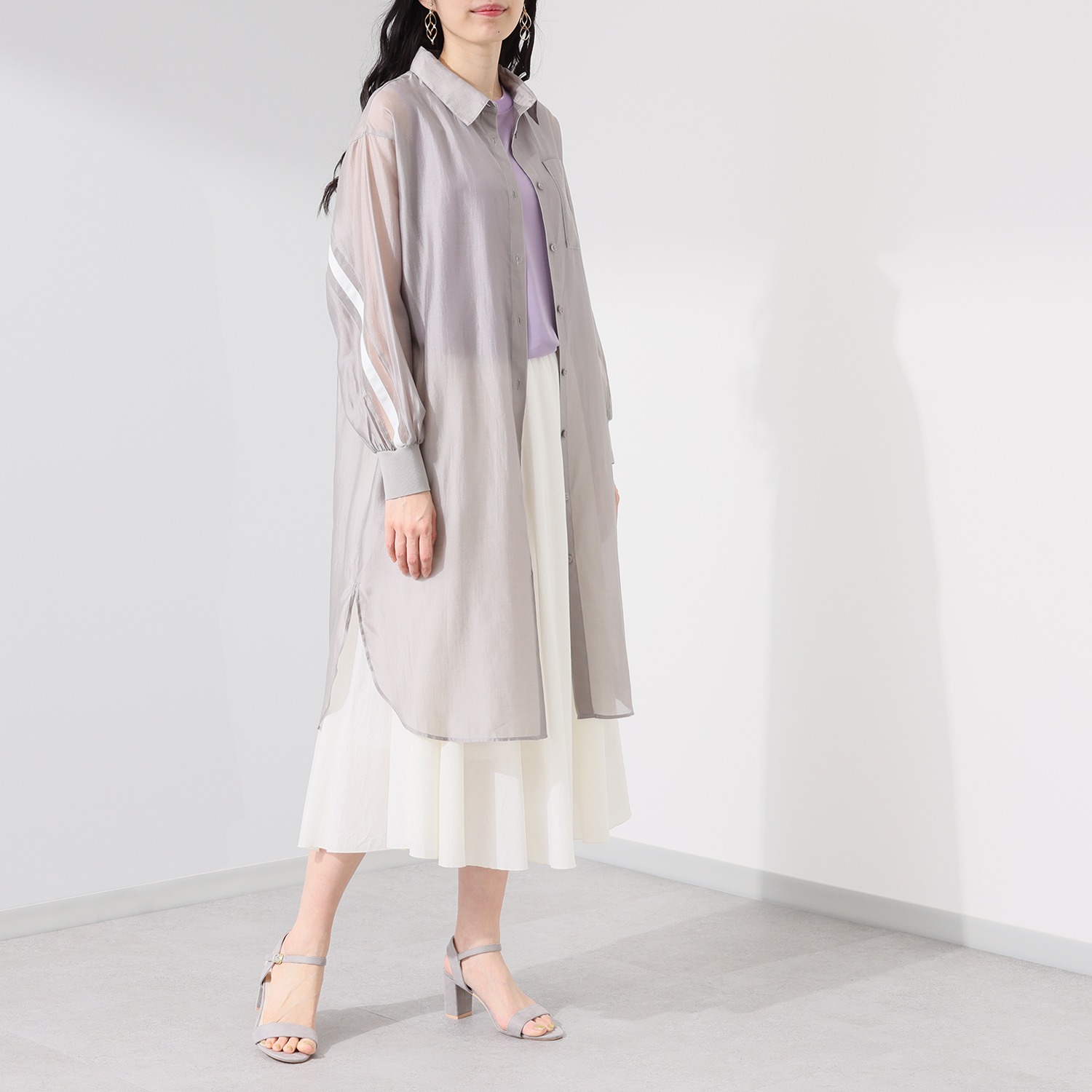 エムズ　スタイル シアービンテージ加工 ラインアクセント ロングシャツ