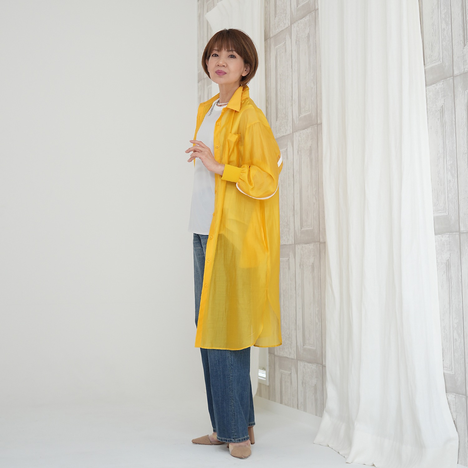 エムズ　スタイル シアービンテージ加工 ラインアクセント ロングシャツ