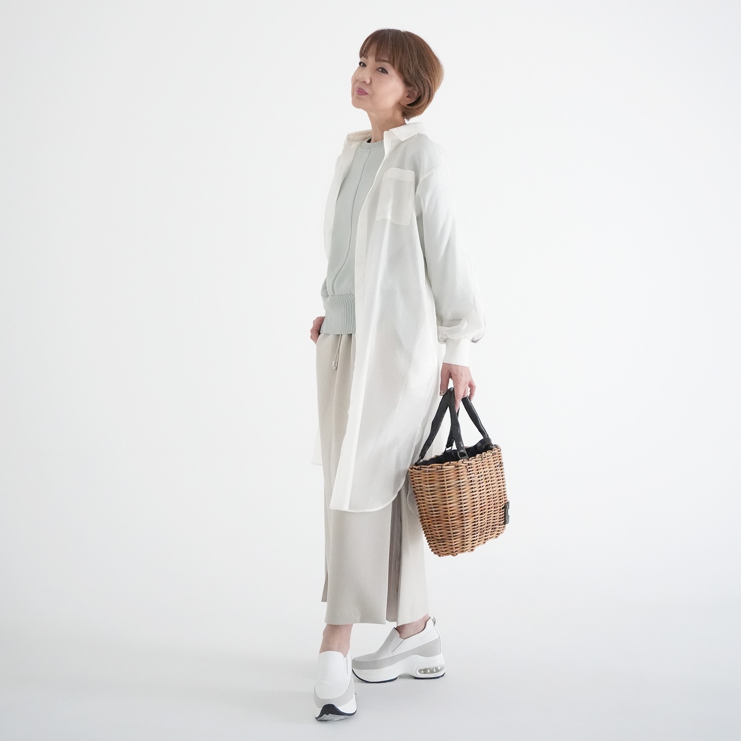 エムズ　スタイル シアービンテージ加工 ラインアクセント ロングシャツ