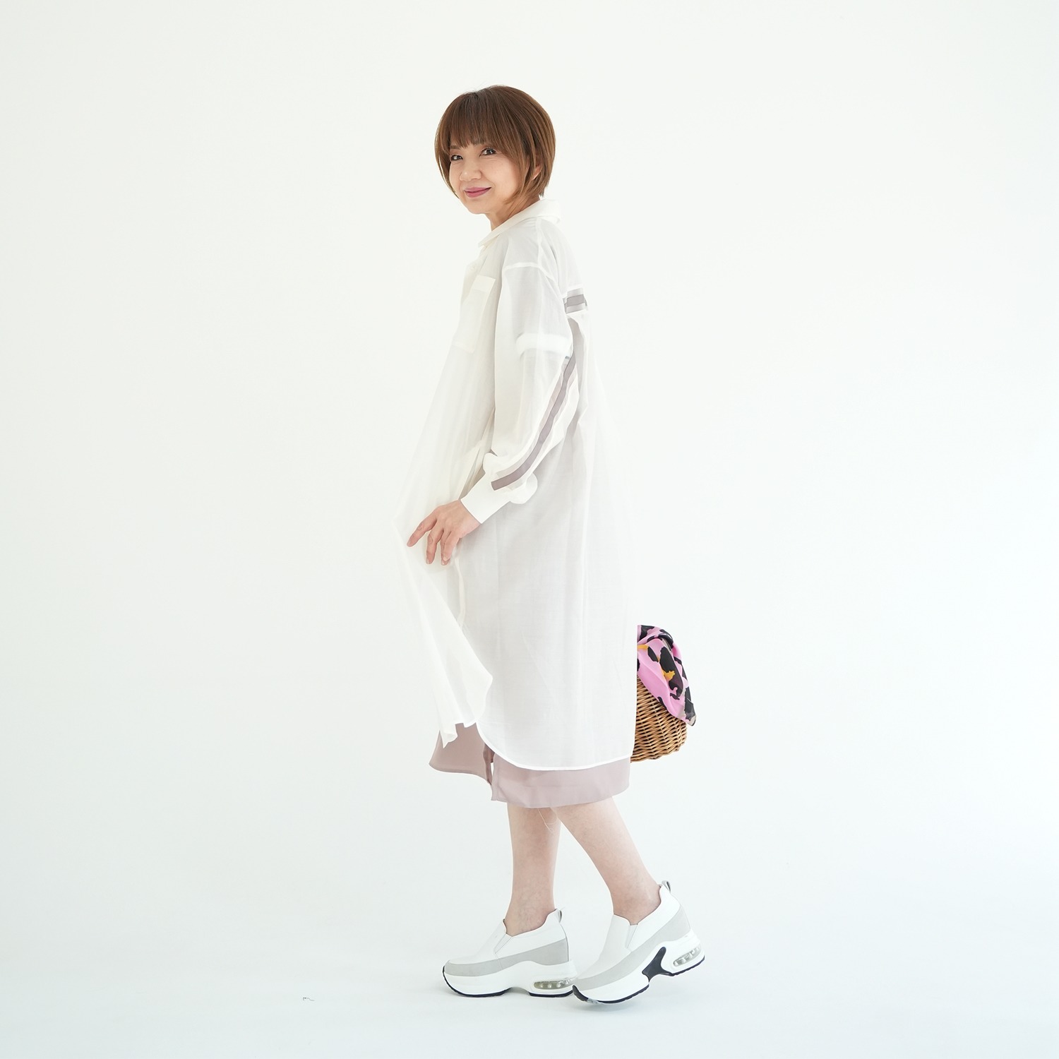 エムズ　スタイル シアービンテージ加工 ラインアクセント ロングシャツ