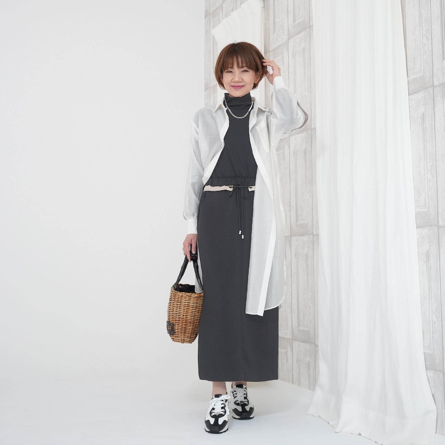 エムズ　スタイル シアービンテージ加工 ラインアクセント ロングシャツ