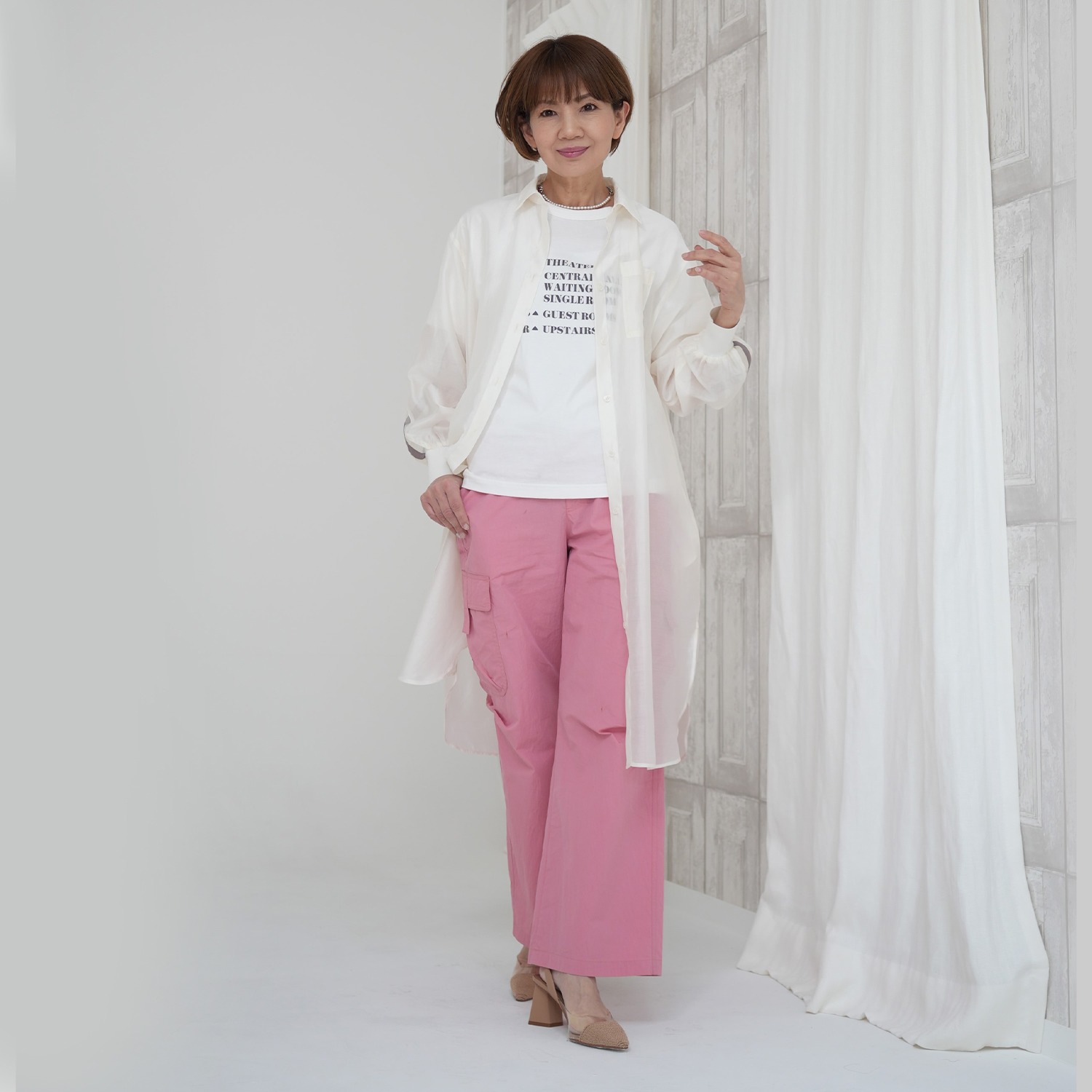 エムズ　スタイル シアービンテージ加工 ラインアクセント ロングシャツ