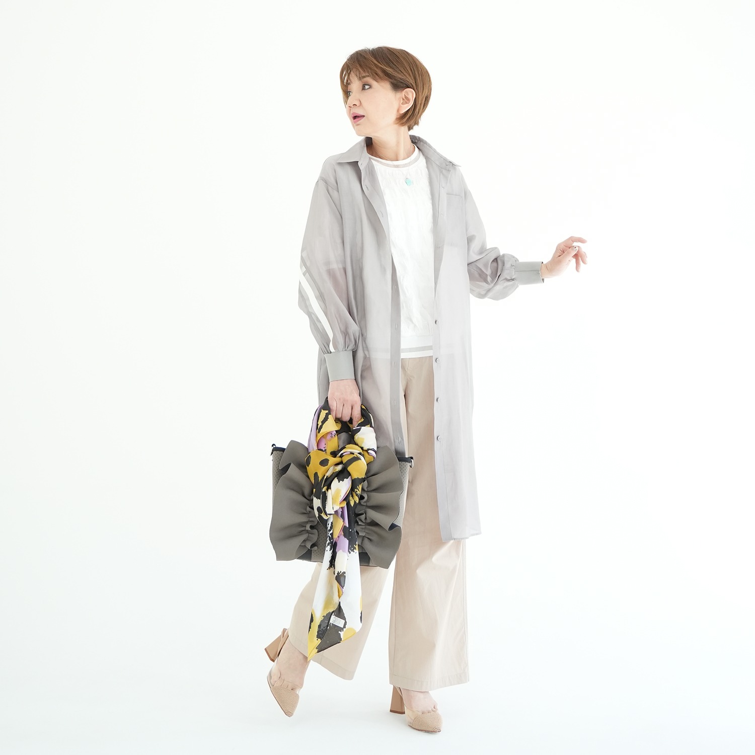 エムズ　スタイル シアービンテージ加工 ラインアクセント ロングシャツ