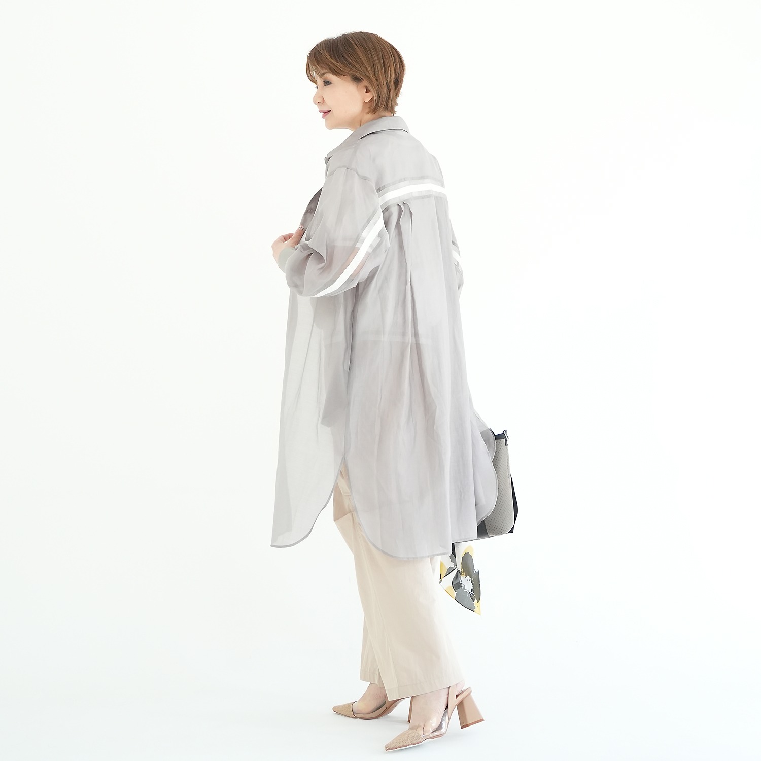 エムズ　スタイル シアービンテージ加工 ラインアクセント ロングシャツ