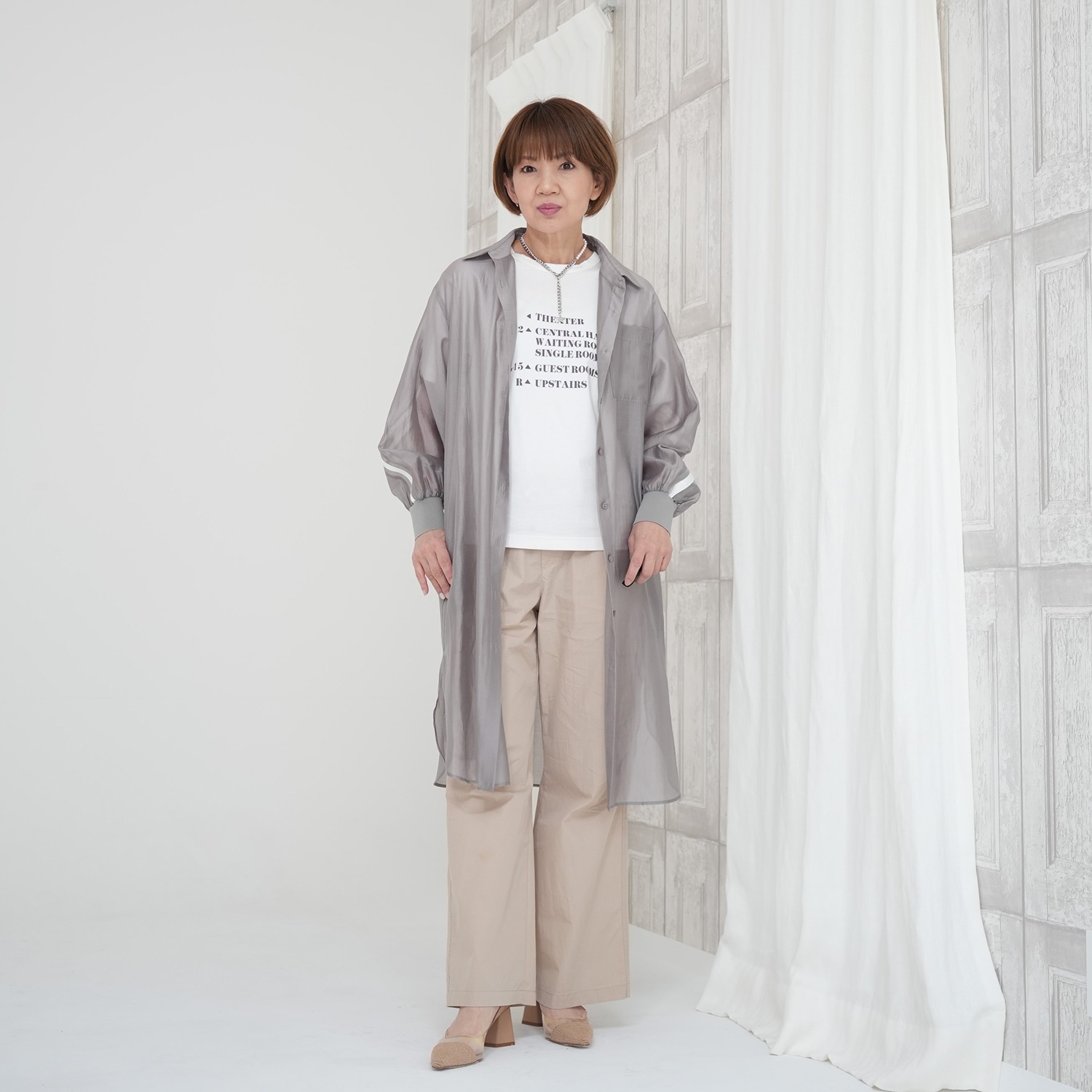 エムズ　スタイル シアービンテージ加工 ラインアクセント ロングシャツ