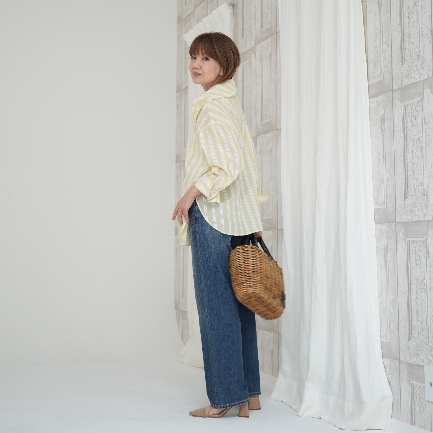 エムズ　スタイル 先染シアーストライプ アレンジカラーデザイン シャツブラウス