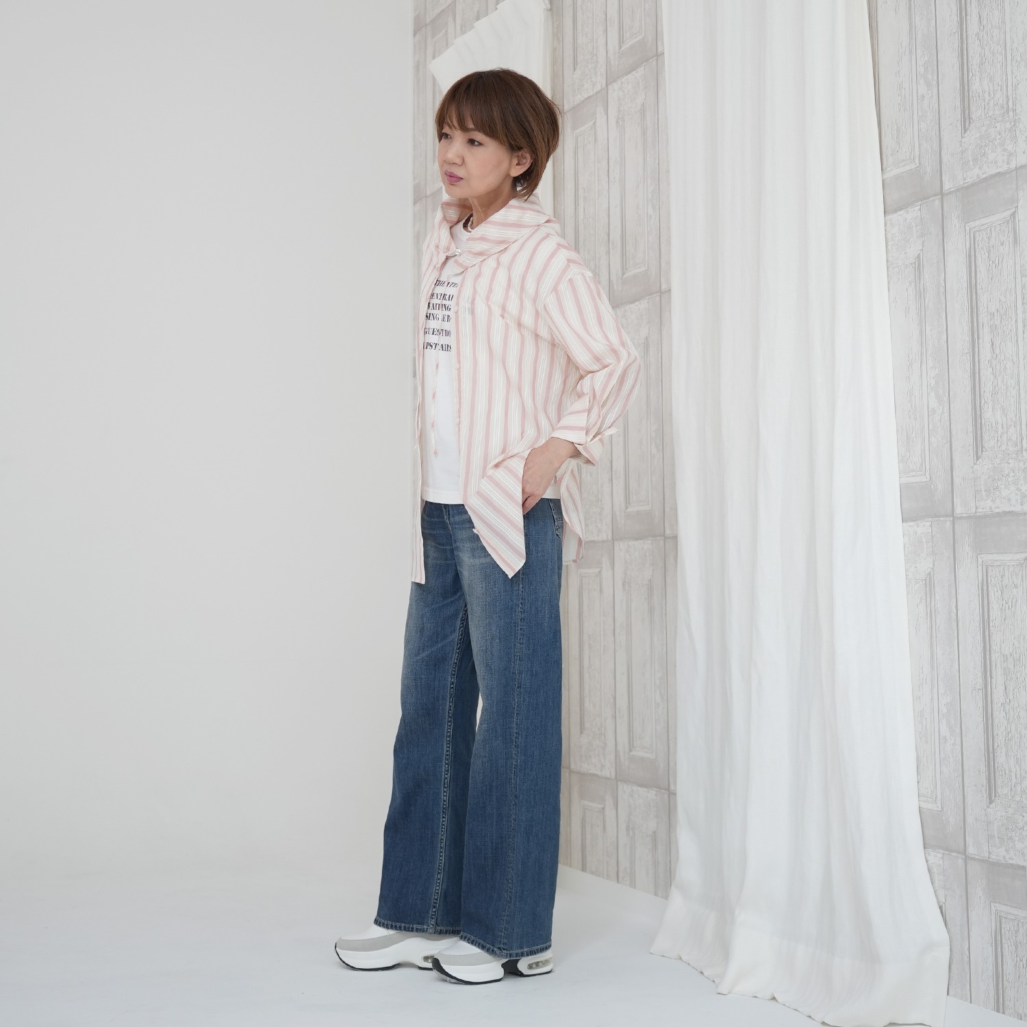 エムズ　スタイル 先染シアーストライプ アレンジカラーデザイン シャツブラウス