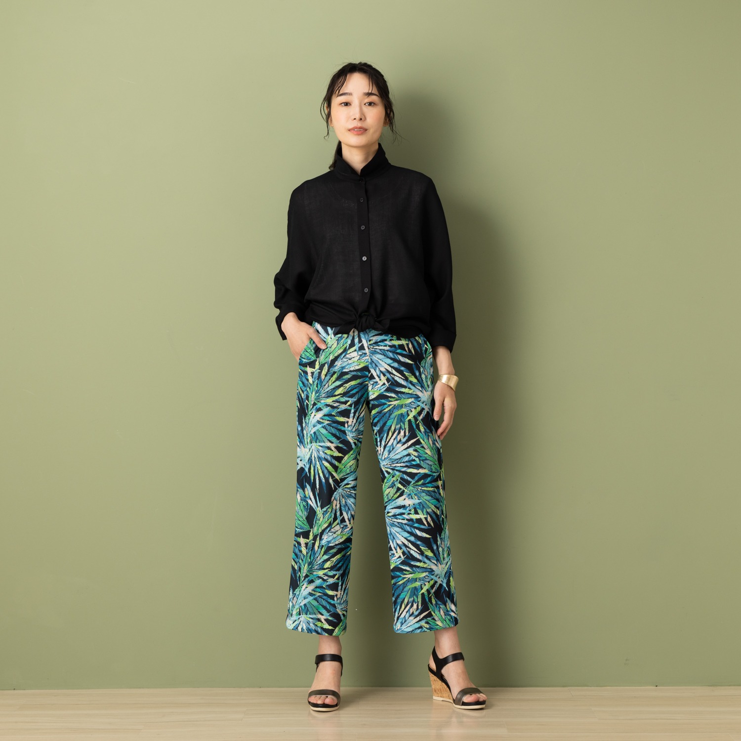 ピーツー 強撚スムース 転写プリント ゆったりストレートパンツ