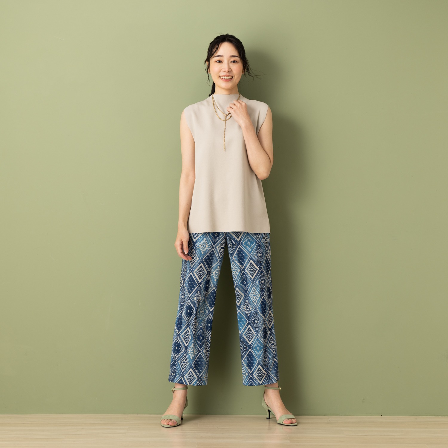 ピーツー 強撚スムース 転写プリント ゆったりストレートパンツ